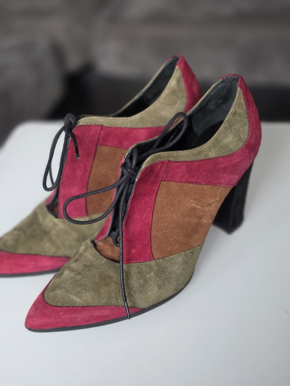 Prada Suede Colorblock Lace-Up Heels in Fuchsia, Olive & Chestnut